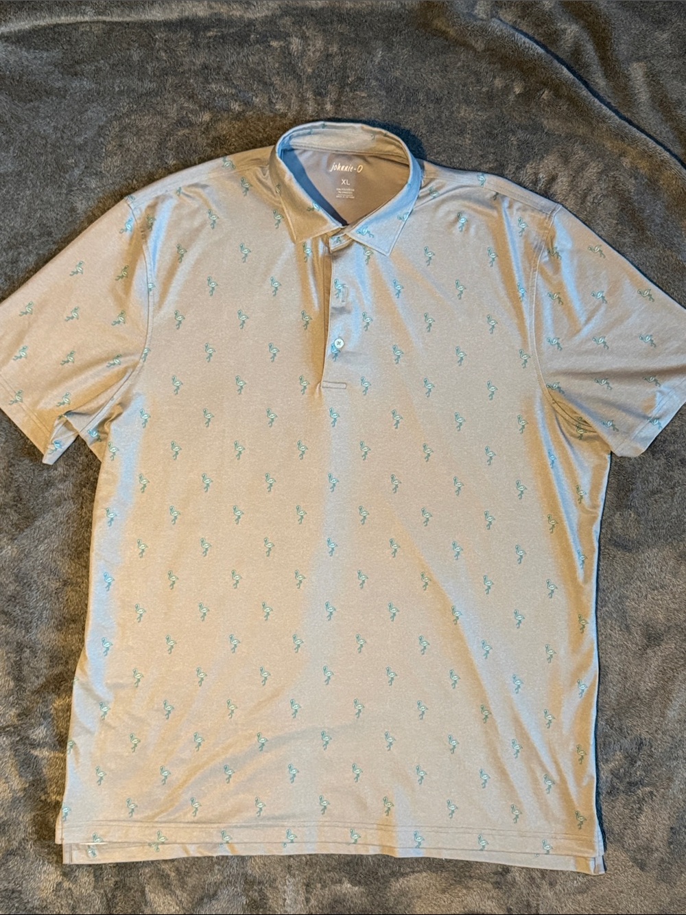 johnnie-O Light Blue Polo with Teal Flamingo pattern